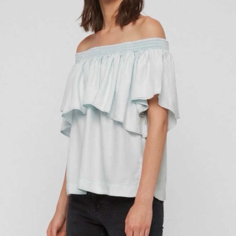 All Saints - Ruffled Off-The-Shoulder Top Size M Light Blue